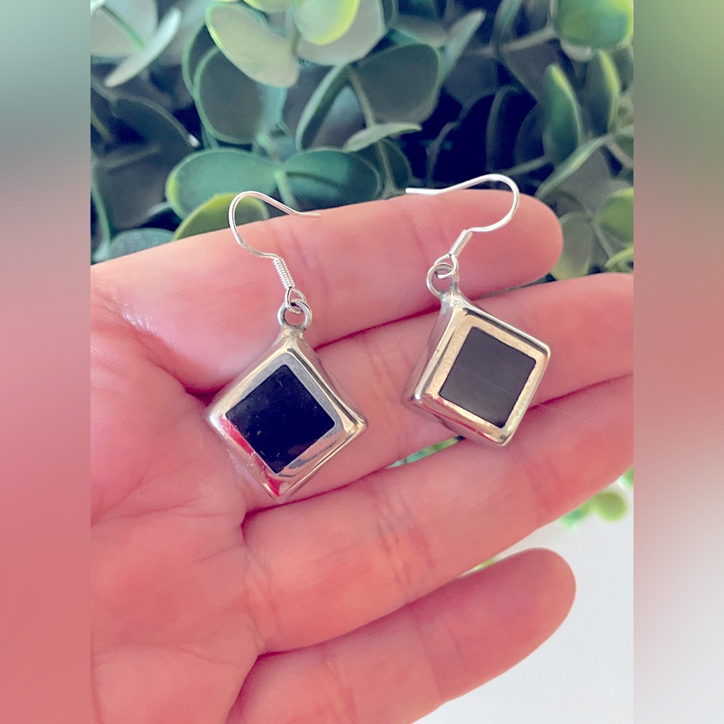 Vintage Sterling Silver 925 Mexican Black Onyx Hook Square Dangle Earrings